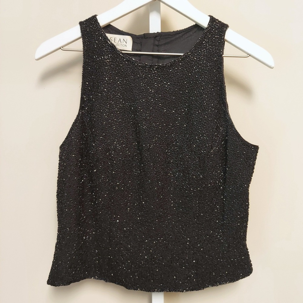 Sean Collection Black Beaded Silk Sleeveless Top Round Neck Evening Blouse L‎